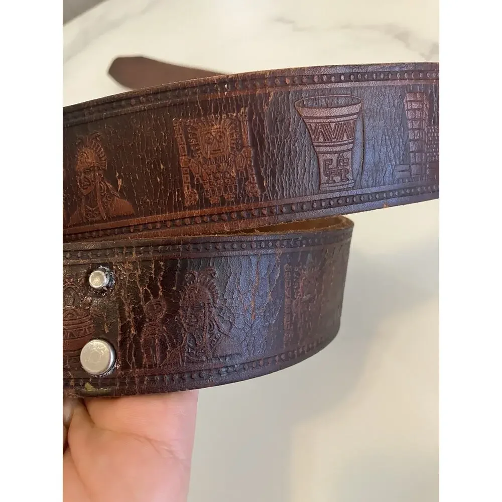 Vintage Brass Buckle Belt Tooled Leather Peruvian Inca Tumi God Native Symbols
